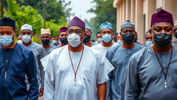 Group of Nigerian men walking outdoors during court martial proceedings.
