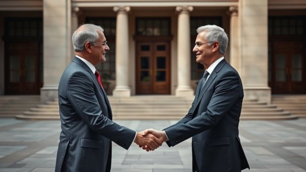 Madagascar expels French diplomat: two men shake hands solemnly in a courtyard.