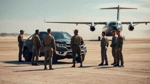 Mali airline suspends flights, soldiers near pickup on dusty runway.