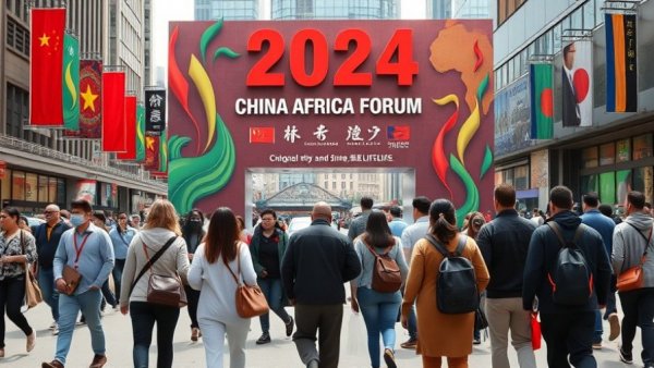 2024 China-Africa Forum sign in urban area, people walking past.