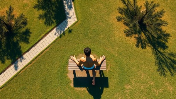 Man sunbathing on park bench amidst grassy pathways, serene scene.