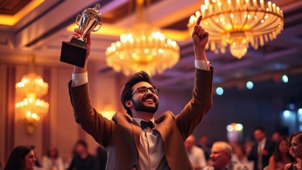 Elated award winner celebrating victory at Oscars event.