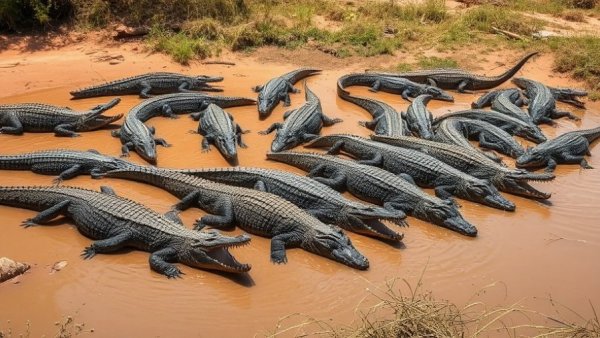 Crocodiles basking on a riverbank, highlighting bravery in a crocodile-infested river.