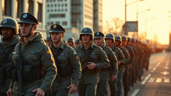 Soldiers marching on road, evening light in urban setting.