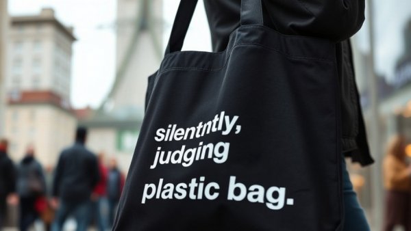 Eco-friendly bag with 'silently judging your plastic bag' text, urban setting.