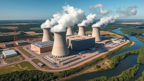 Aerial view of nuclear power plant near river, cooling towers.