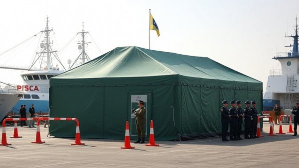Guardia Civil tent at harbor during Hantavirus outbreak on Spain cruise ship.