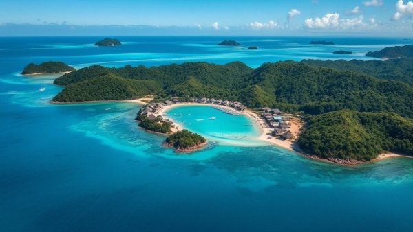 Aerial view of Solomon Islands village amid turquoise waters and greenery.