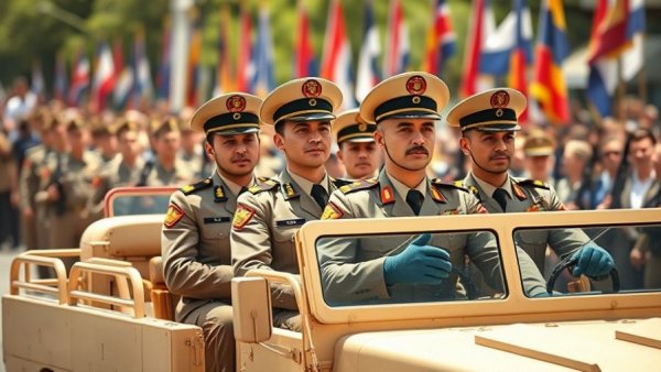 Military parade at base, dignitaries in vehicle, sunny day.