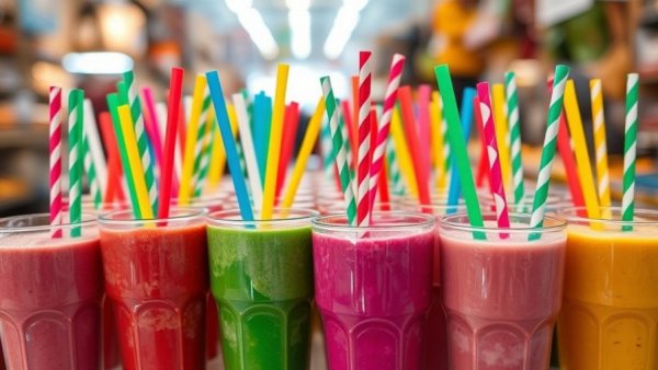 Recycled plastics for food safety: vibrant smoothie cups with colorful straws.