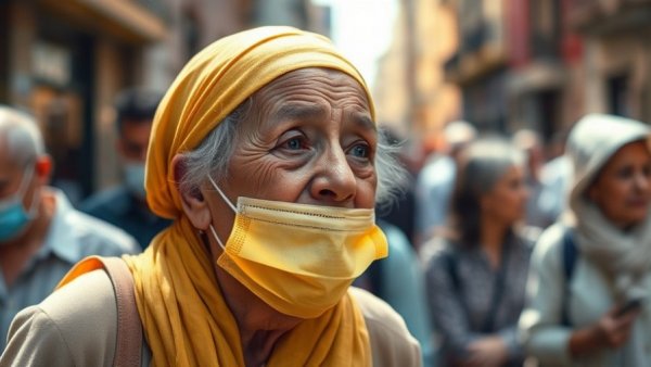 Woman in yellow headscarf emotive reaction during DRC Ebola outbreak protests.