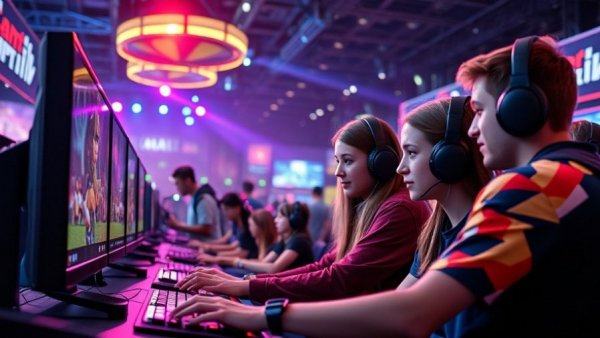 Global gaming boom Morocco, young gamers in action at vibrant event.