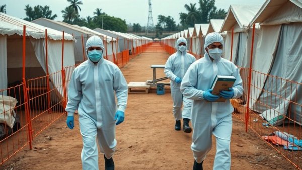 Healthcare workers managing Ebola outbreak DRC in protective gear.