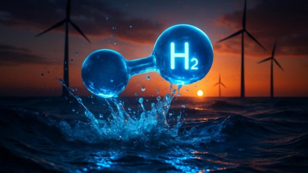 Green Hydrogen From Seawater concept with glowing molecule over ocean.