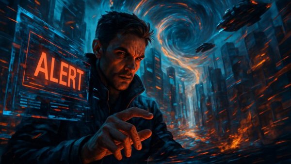 Futuristic man with digital screen in chaotic city, Reality Debuggers AI Tools and Trends.