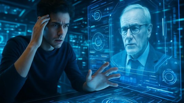 Futuristic display shows young man legally older than his body.