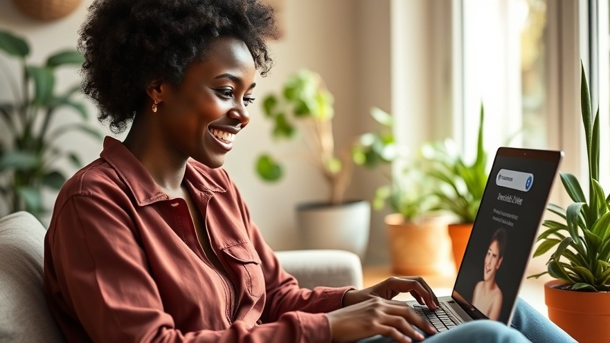 Cheerful African woman using a laptop, enhancing online visibility with effective SEO strategies.
