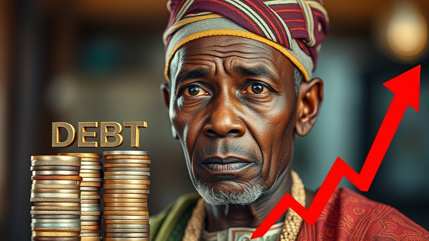 Concerned older Nigerian man in traditional attire with stacked debt coins, symbolizing fiscal responsibility.