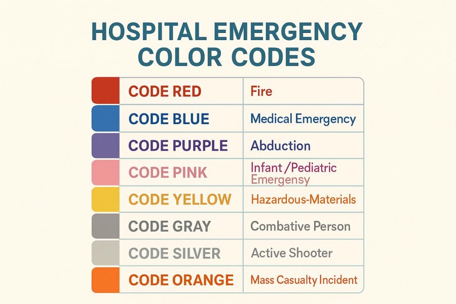 Color code chart for healthcare emergency response, promoting patient safety awareness.