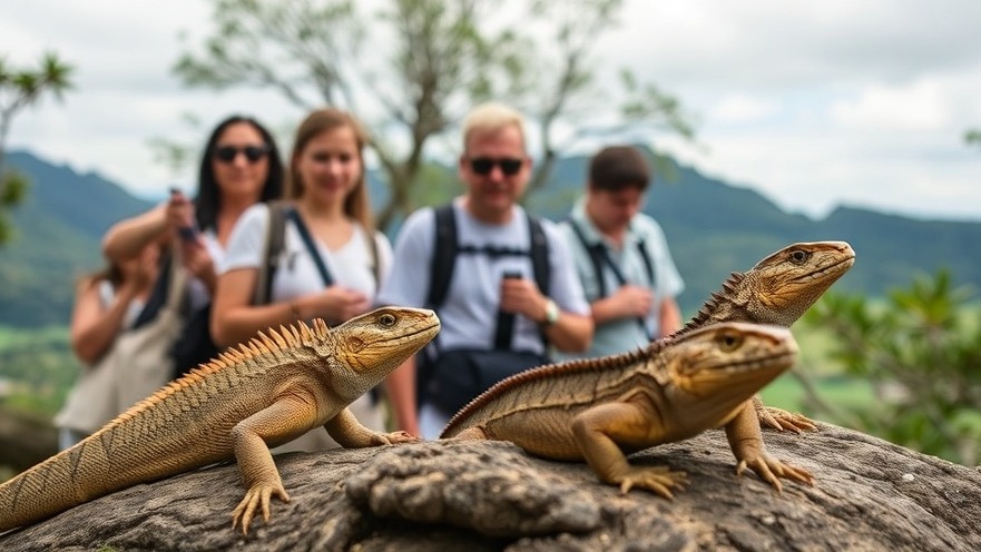 Diverse tourists on a guided herping tour observing reptiles in nature.