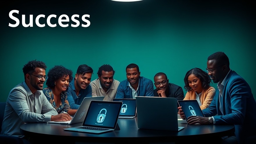 Diverse small business owners discussing cybersecurity for small businesses with tech tools.