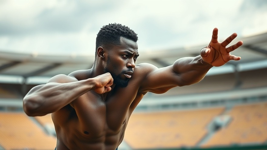 Determined African male athlete launching shot put in dramatic stadium scene, showcasing athletics in Africa.