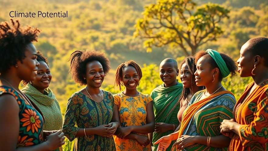Diverse African community discussing climate finance solutions in vibrant landscapes.