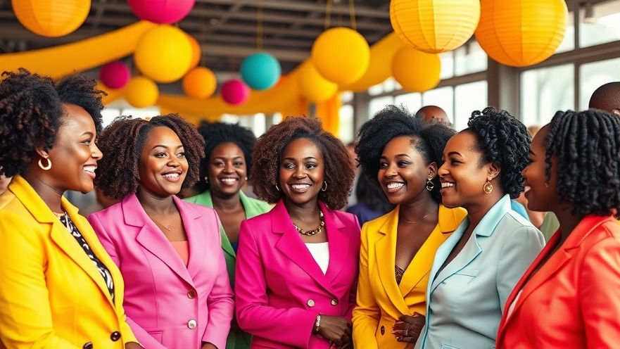 Vibrant scene of diverse African women in colorful suits at a Sisters Network event.