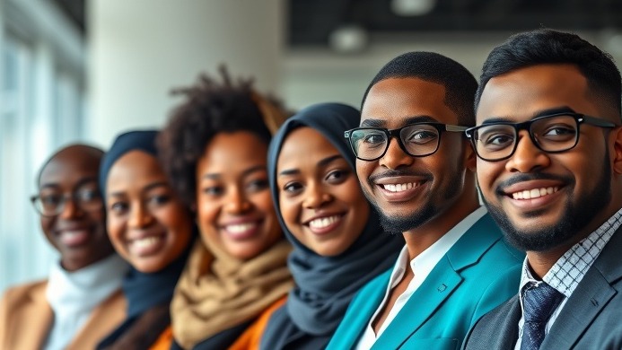 Confident African startup team in vibrant attire, showcasing digital transformation in Africa.