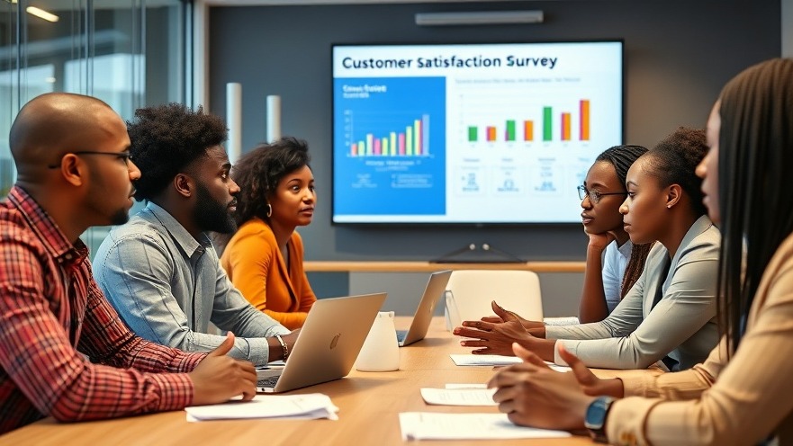 Diverse team discussing customer satisfaction survey questions in a modern office