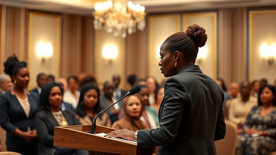 Confident African woman leader addressing audience on gender equality in Africa.