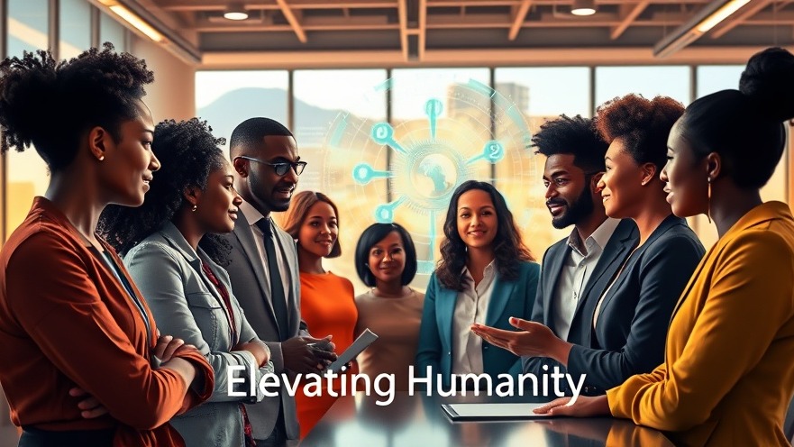 Diverse African professionals collaborate with AI, symbolizing 'Elevating Humanity' in a modern office.