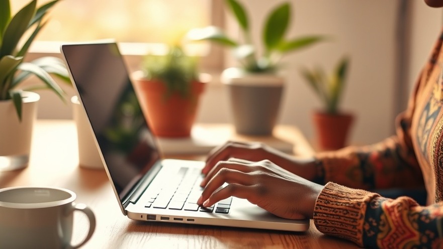Warm close-up of African female hands typing on a laptop in a sunlit workspace.