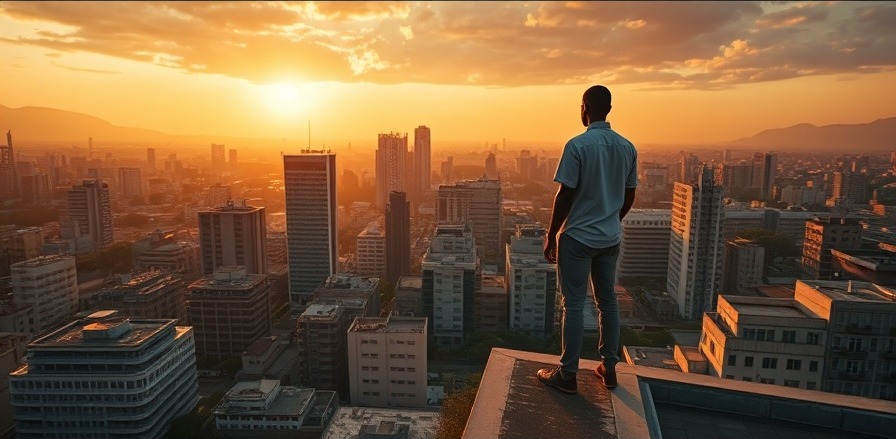 Modern East African city skyline at golden hour, founder gazing over rooftops.