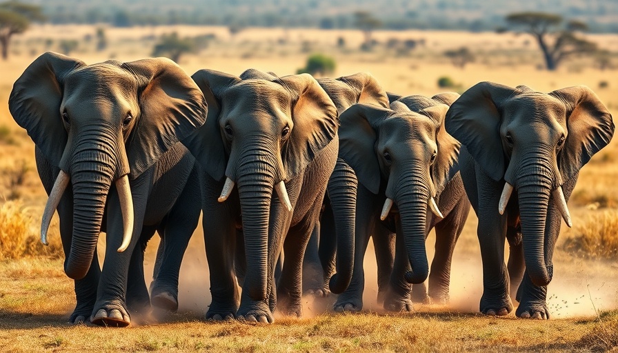 Herd of African forest elephants walking together, protecting each other.