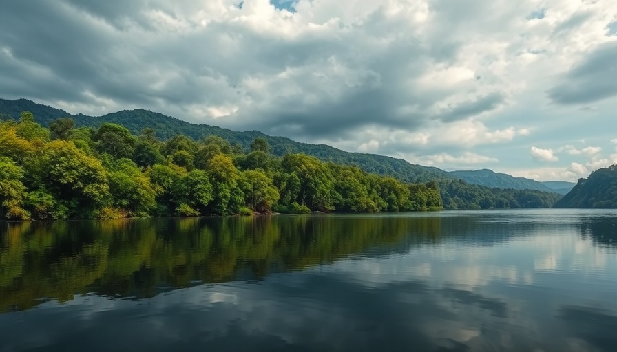 Lush jungle river reflecting trees, highlighting wildlife protection in Africa.