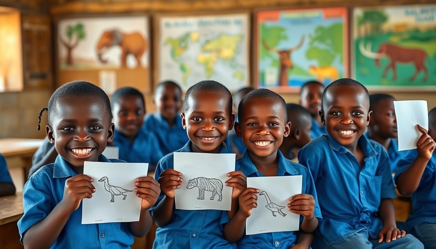 Children in Africa displaying wildlife drawings, promoting wildlife protection.