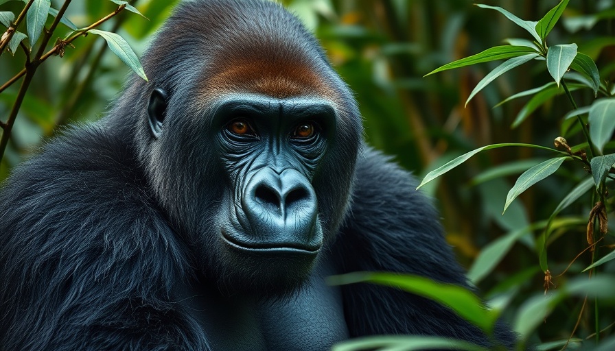 Close-up of Cross River Gorilla in jungle, highlighting conservation efforts.