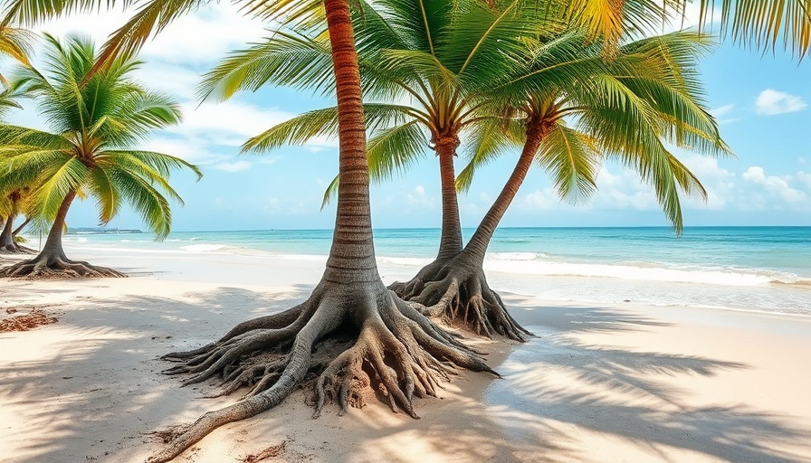 Eroded beach reveals roots of palm trees, representing unsustainable ocean use.