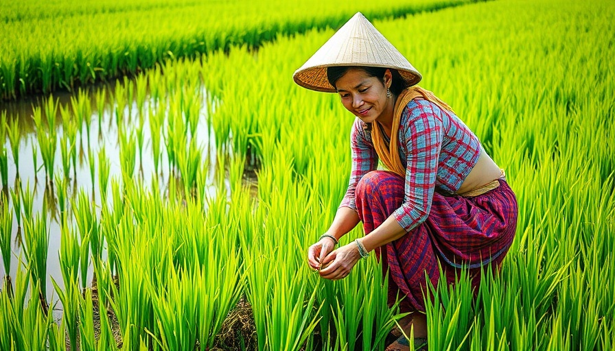 Farmers and biodiversity action: Woman planting rice in vibrant paddies.