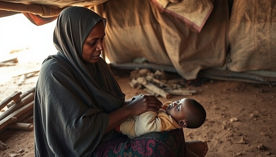 Somali woman cares for baby amidst hunger crisis 2025 in rustic shelter.