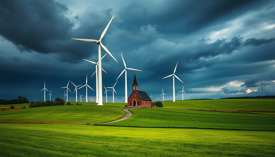 Wind turbines and church under dark sky symbolizing urgent action on triple planetary crisis.