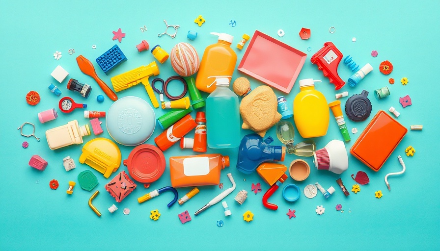 Colorful design of chemicals in plastics, abstract graphic, teal background.