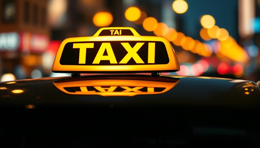 Taxi sign glowing brightly at night with city lights.