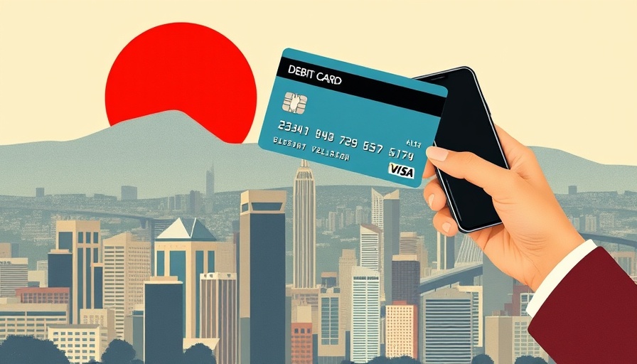 Stylized collage of hand with card and city skyline, Carbon resumes issuance of debit cards.