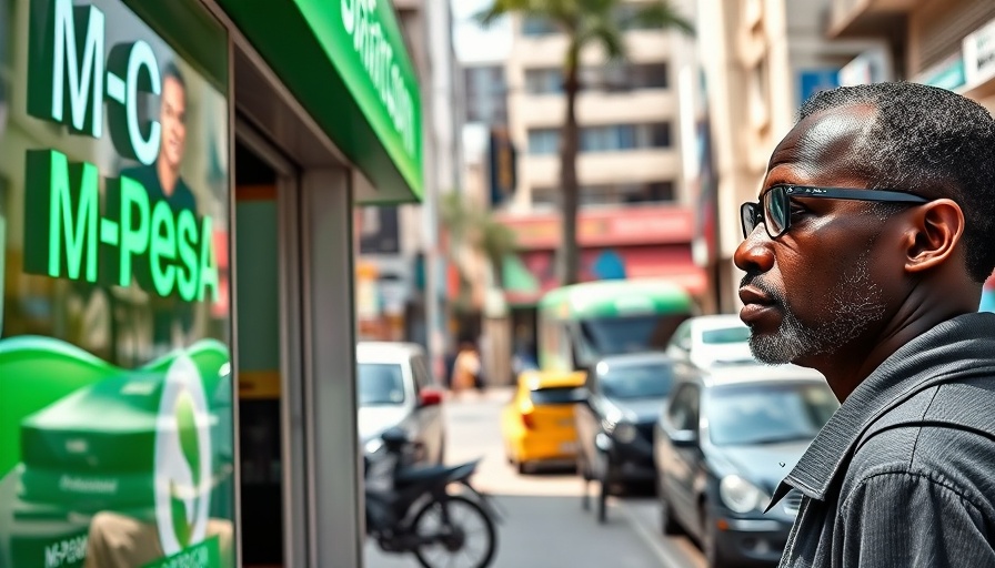 M-PESA storefront sign in urban setting, True Cost of M-PESA analysis.