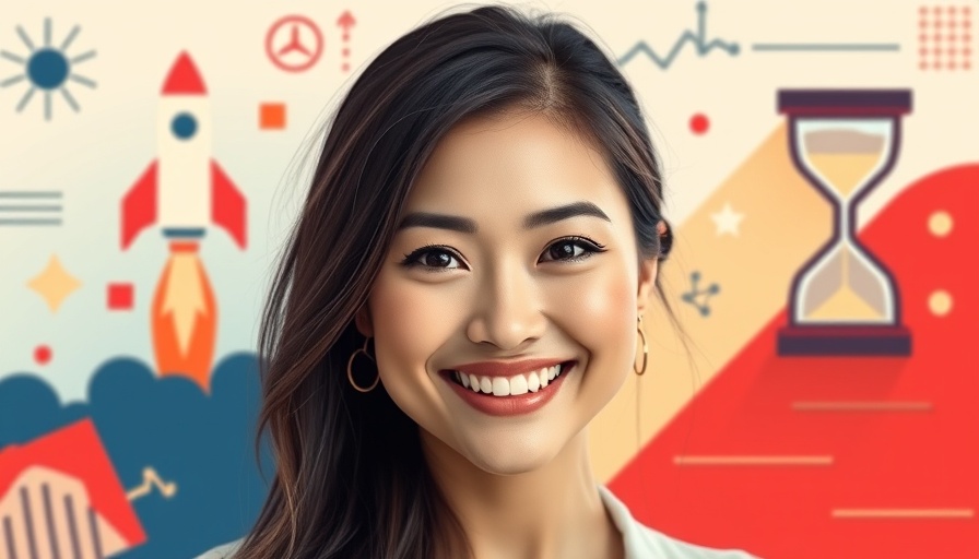 Smiling woman with abstract graphic elements in vibrant background.