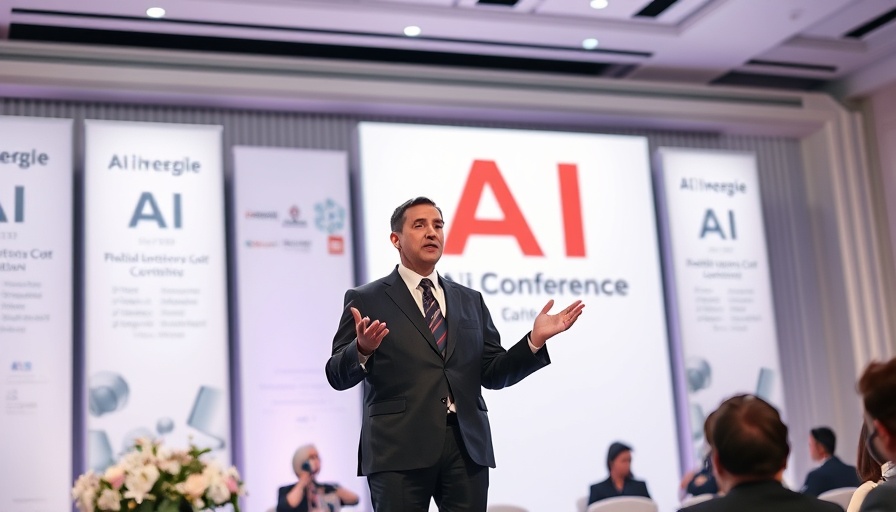 AI in Africa conference speaker presenting on stage with banners.