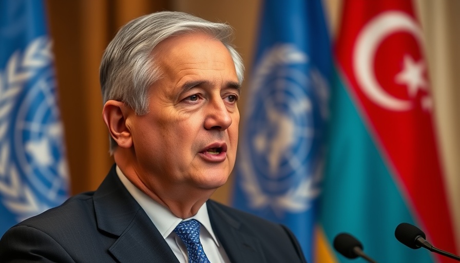 Middle-aged man speaks at global conference with UN flag, armed conflicts in the world.