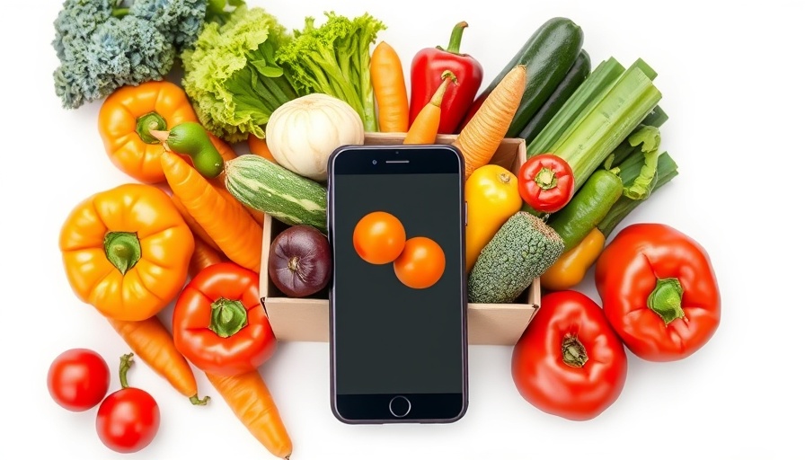 Online grocery shopping concept with phone and veggies.